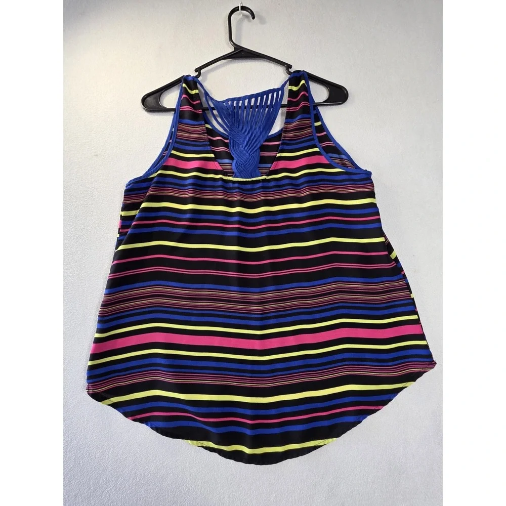 Women's L Striped Sleeveless Tank Top Blue Pink Yellow Braided Back Boho Casual